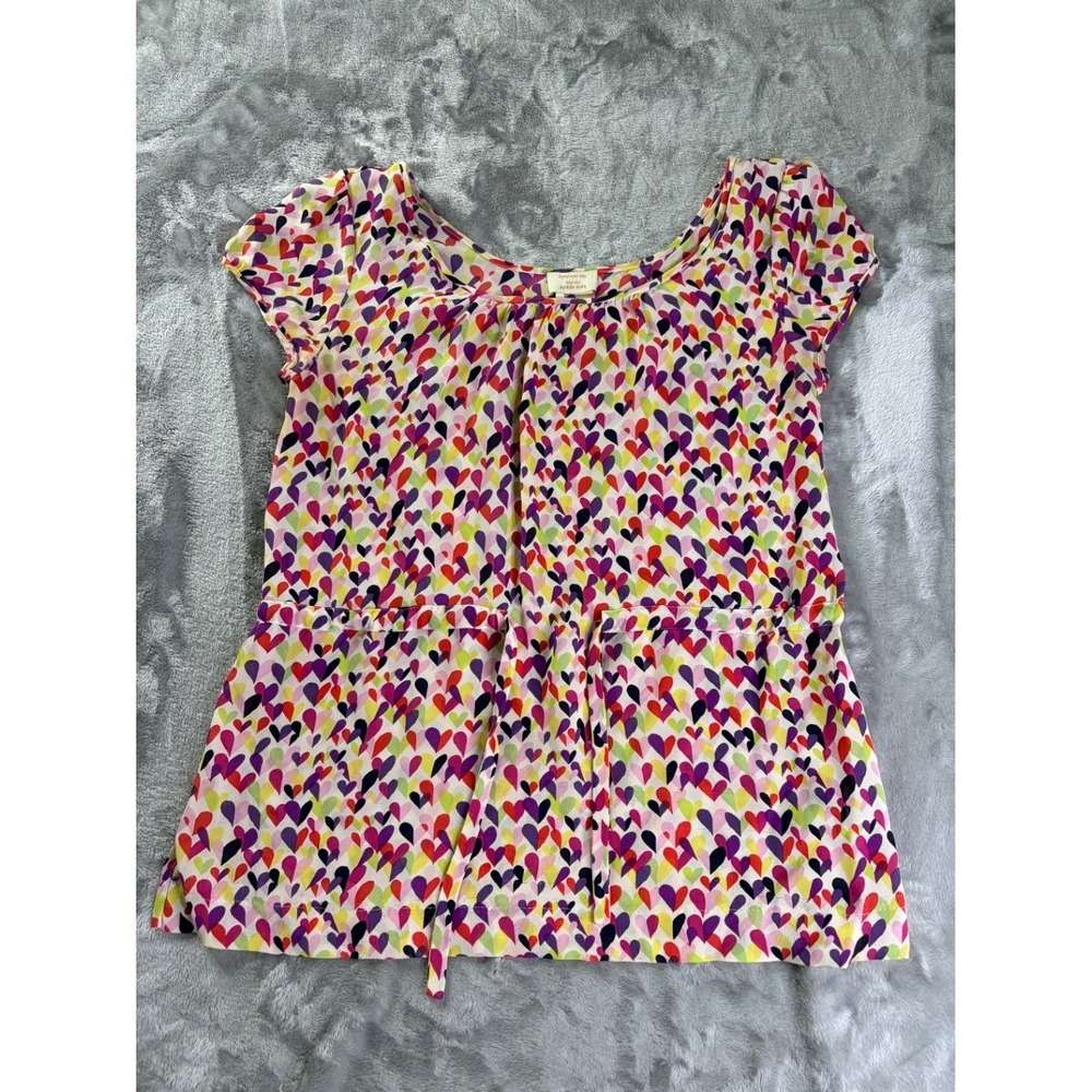 Kate Spade New York Heart Print Silk Blouse Womens XS Multicolor Live Colorfully